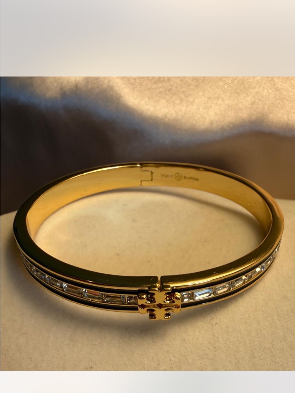 Tory Burch Gold Crystal-Accented Logo Hinged Bangle